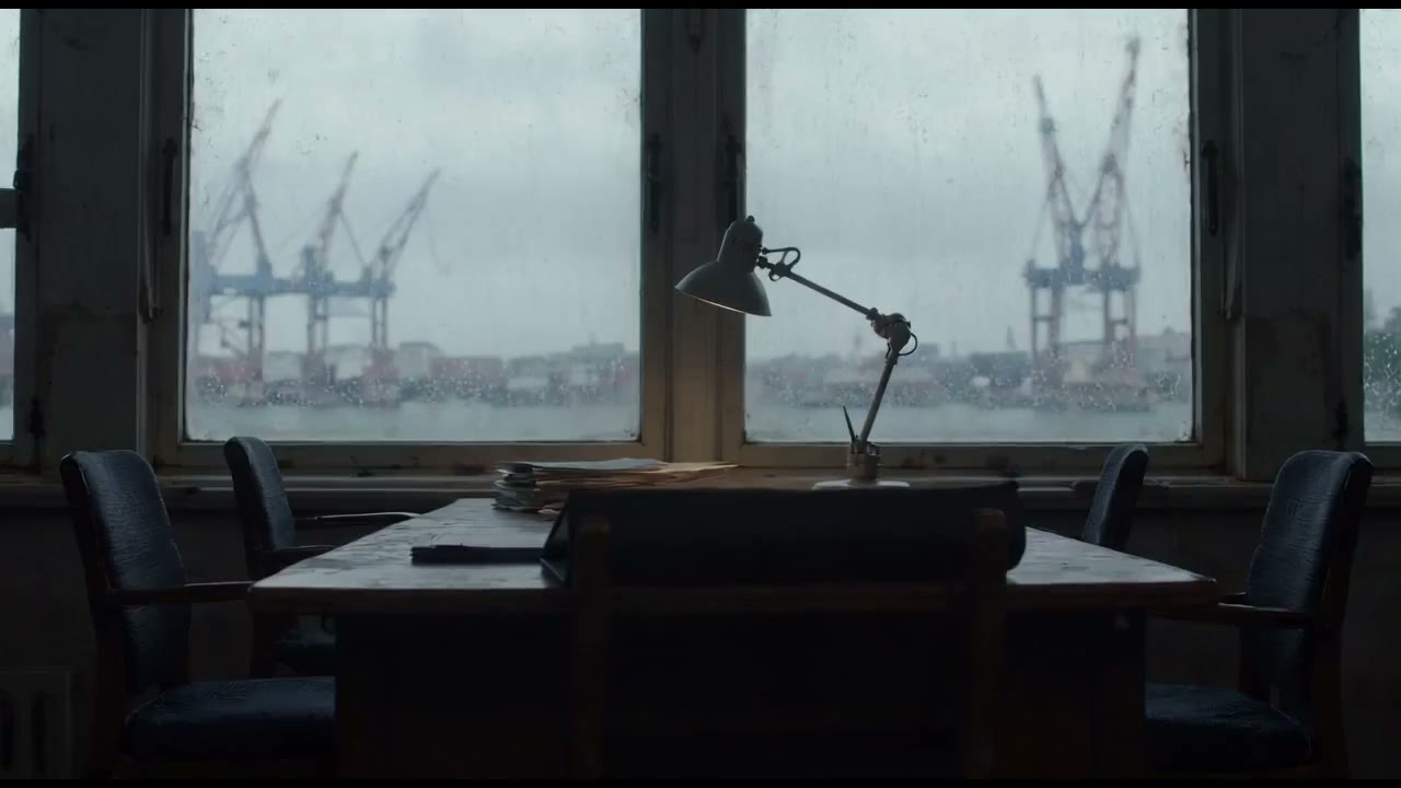 Empty briefing table with a closed folder. Rain on the window. No people.